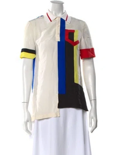 Pre-owned Versace Silk Colorblock Pattern Polo In White