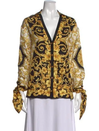 Pre-owned Versace Silk Floral Print Blouse In Black