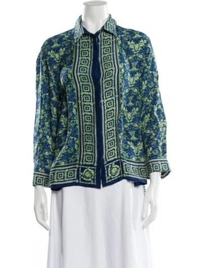 Pre-owned Versace Silk Floral Print Blouse In Blue