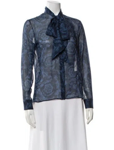 Pre-owned Versace Silk Floral Print Blouse In Blue
