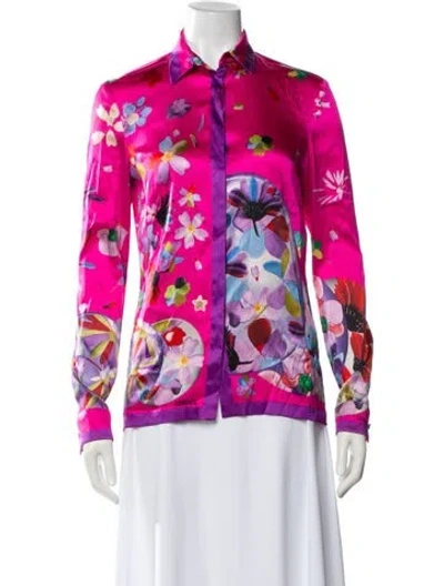 Pre-owned Versace Silk Floral Print Blouse In Pink