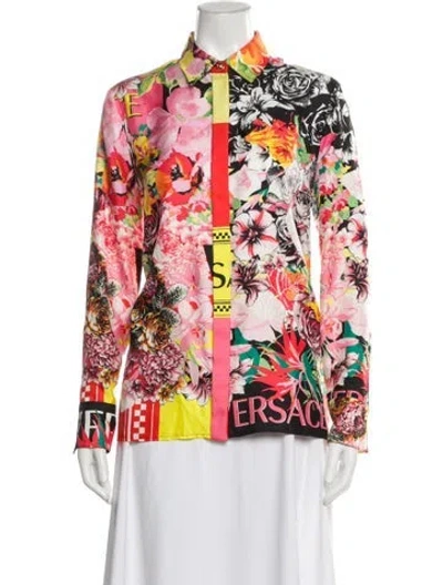 Pre-owned Versace Silk Floral Print Blouse In Pink