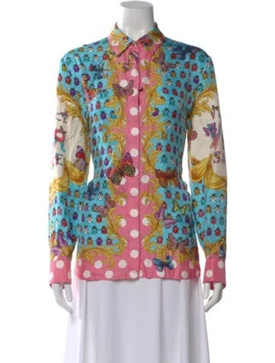 Pre-owned Versace Silk Floral Print Blouse W/ Tags In Multi