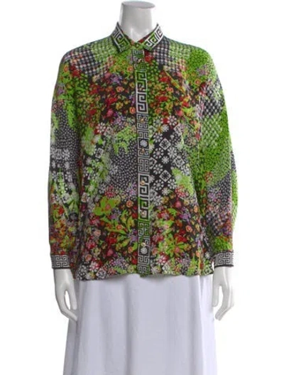 Pre-owned Versace Silk Floral Print Button-up Top In Green