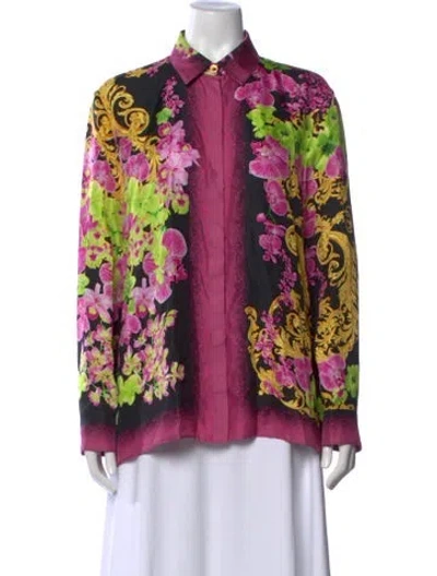 Pre-owned Versace Silk Floral Print Button-up Top In Pink