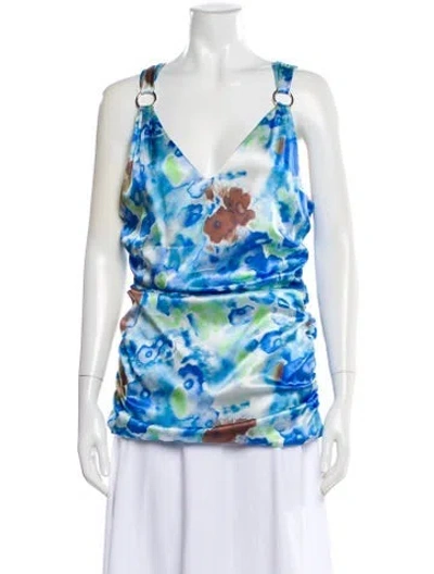 Pre-owned Versace Silk Floral Print Top In Blue