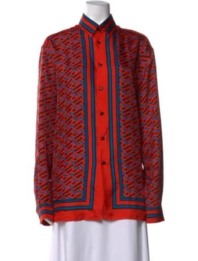Pre-owned Versace Silk Graphic Print Button-up Top In Orange/red