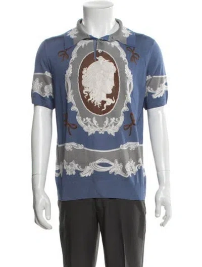 Pre-owned Versace Silk Graphic Print Polo Sweater In Blue