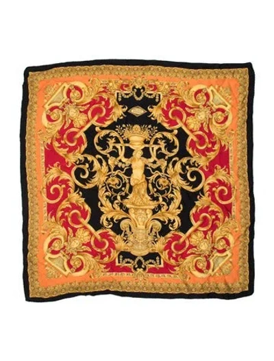 Pre-owned Versace Silk Graphic Print Scarf In Gold