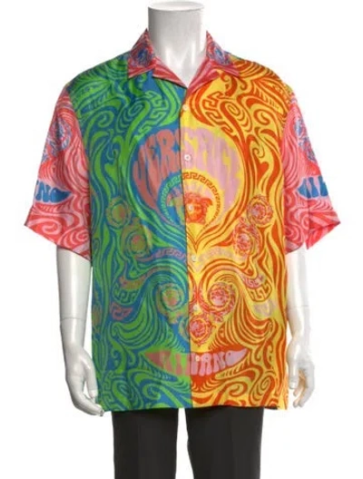 Pre-owned Versace Silk Graphic Print Shirt In Blue