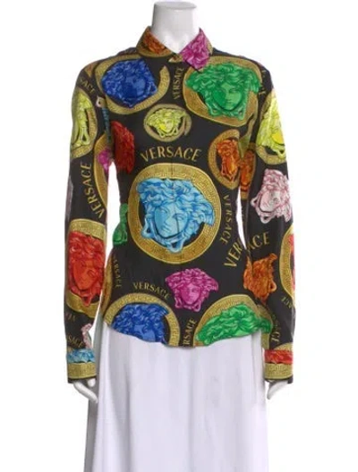 Pre-owned Versace Silk Graphic Print Top In Black