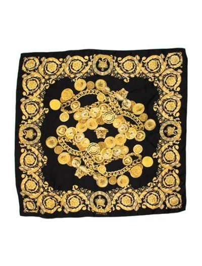 Pre-owned Versace Silk Medusa Insignia Scarf In Yellow