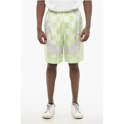 Versace Silk Medusa Shorts With Elastic Waistband In Green