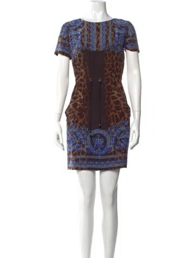 Pre-owned Versace Silk Mini Dress In Blue/brown
