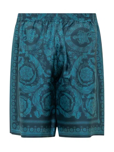Versace Silk Mini Shorts In Petrol Blue Tonal