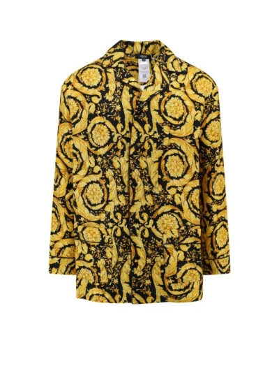 Versace Silk Pajama Shirt With Barocco Motif In Yellow