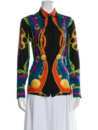 Pre-owned Versace Silk Patterned Blouse In Blue