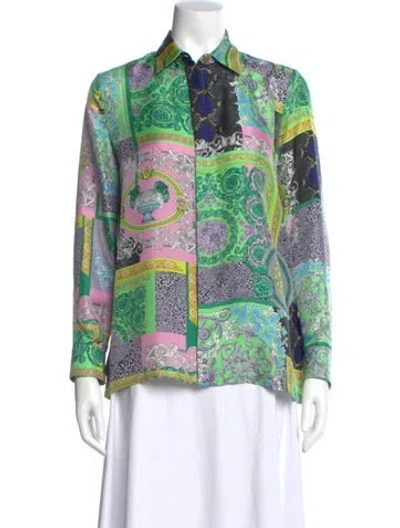 Pre-owned Versace Silk Patterned Blouse In Green