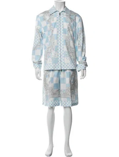 Pre-owned Versace Silk Plaid Print Suit In Blue