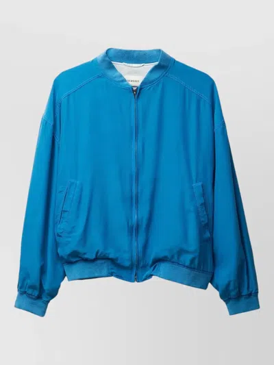 Versace Relaxed Fit Silk Jacket With Embroidered Logo And Zipper Closure In Blue