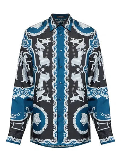 Versace Silk Print Shirt In Blue
