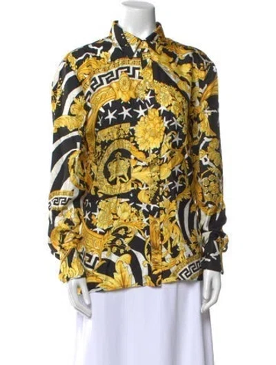 Pre-owned Versace Silk Printed Button-up Top In Black