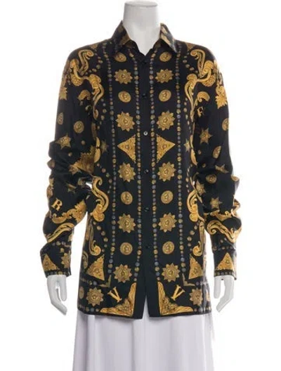 Pre-owned Versace Silk Printed Button-up Top In Black