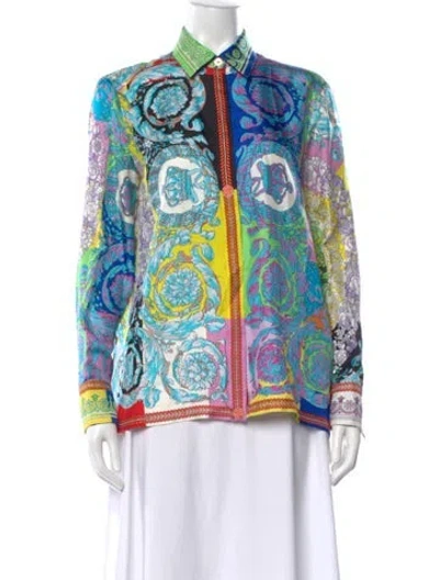 Pre-owned Versace Silk Printed Button-up Top In Blue