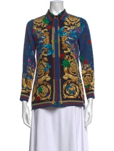 Pre-owned Versace Silk Printed Button-up Top In Blue