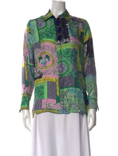 Pre-owned Versace Silk Printed Button-up Top In Green