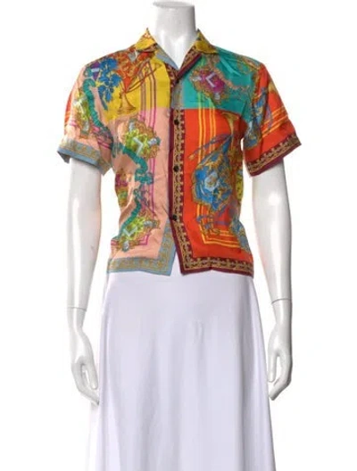 Pre-owned Versace Silk Printed Button-up Top In Orange