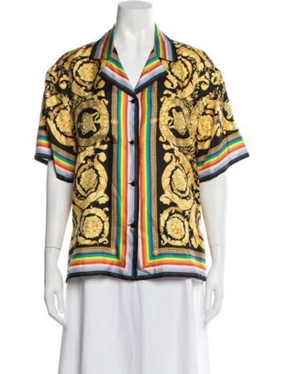 Pre-owned Versace Silk Printed Button-up Top W/ Tags In Yellow