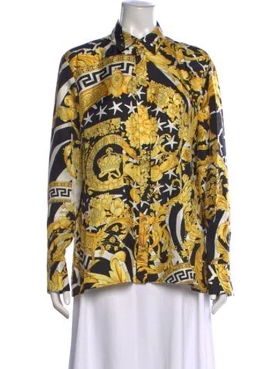Pre-owned Versace Silk Printed Button-up Top W/ Tags In Yellow