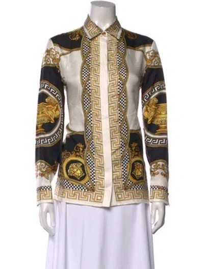 Pre-owned Versace Silk Printed Button-up Top In White