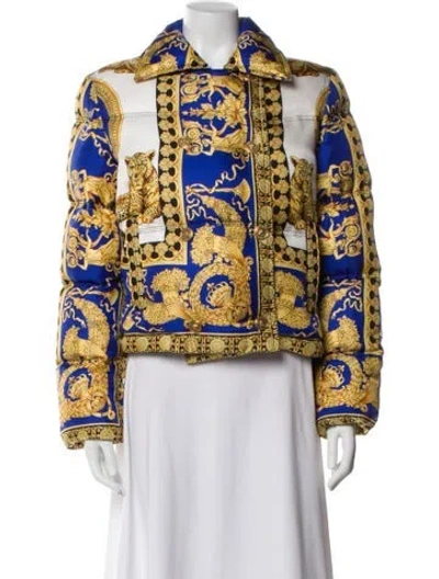 Pre-owned Versace Silk Printed Down Jacket W/ Tags In Blue