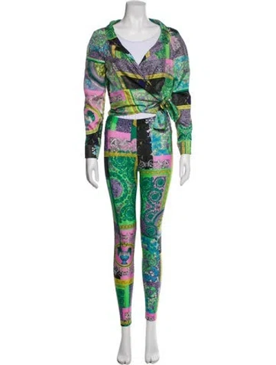 Pre-owned Versace Silk Printed Pant Set In Green