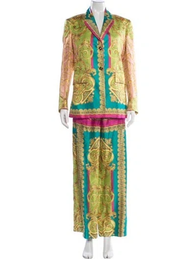 Pre-owned Versace Silk Printed Pant Set In Yellow