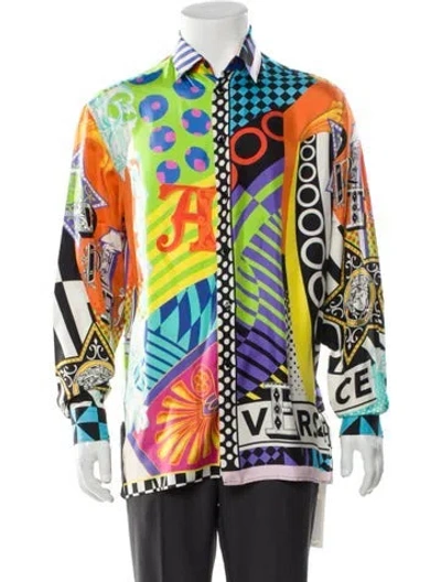 Pre-owned Versace Silk Printed Shirt In Blue