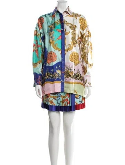 Pre-owned Versace Silk Printed Skirt Set W/ Tags In Blue