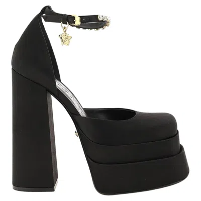 Versace Silk Satin Platform Pumps In Black