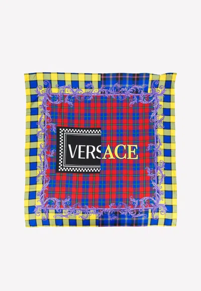 Versace Silk Scarf With Check Print In Multicolor