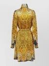 Versace Silk Shirt Dress With Belt And Print In Yellow