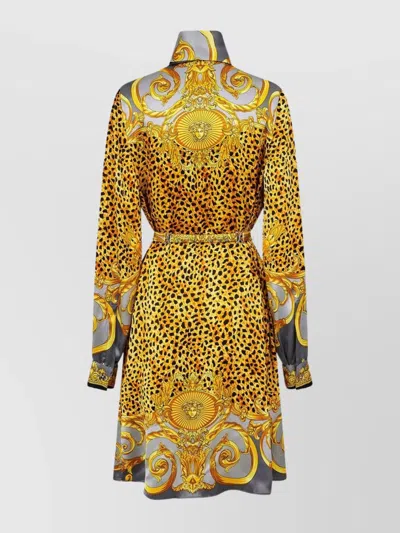 Versace Silk Shirt Dress With Belt And Print In Yellow