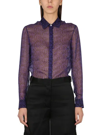 Versace Logo-print Semi-sheer Silk Shirt In Purple