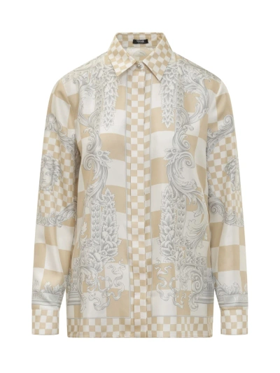 Versace Silk Shirt With Contrast Medusa Print In Light Sand-bianco-silver