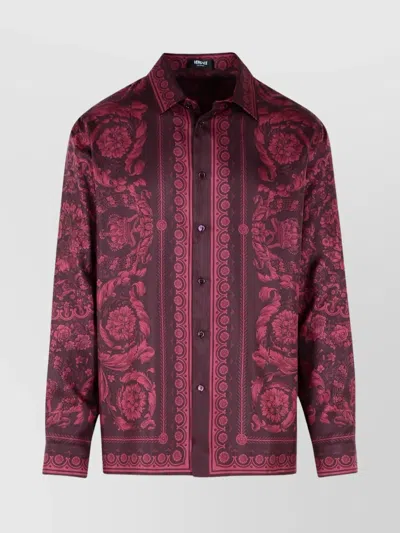 Versace Silk Shirt With Floral Pattern And Cuff Detailing In Purple