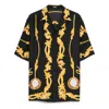 Versace Black Shirt With Cuban Collar And All-over Graphic Print In Silk Man