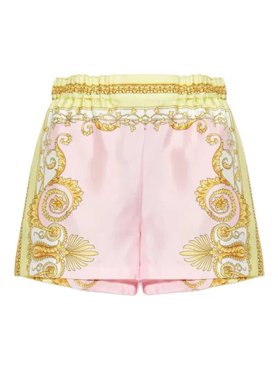Versace Printed Silk Twill Shorts In Pink