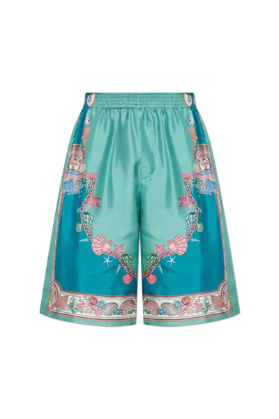Versace Silk Shorts With Coral Theatre Print In Multi