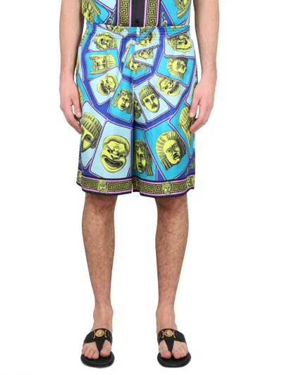 Versace Silk Shorts With Elastic Waistband In Blue